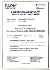 English teacher's professional achievement: P.A.R.K. Conference: International Conference for Teachers of English 2025
